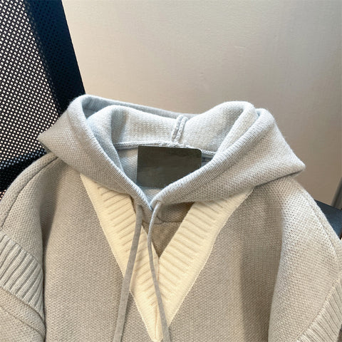 Faux Two-pieces Patchwork Hooded Knitwear