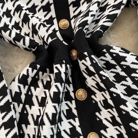 French Style Houndstooth Knitted Dress
