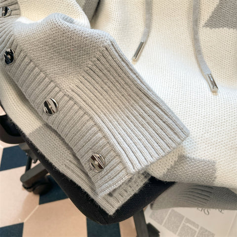 Faux Two-pieces Patchwork Hooded Knitwear