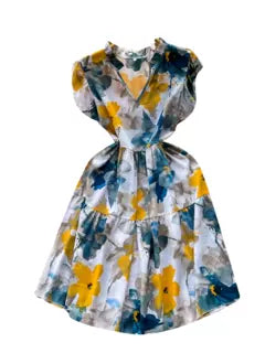 V-neck Ink Floral Ruffled Dress