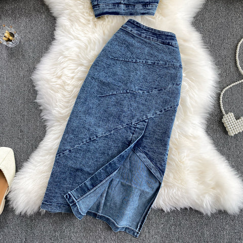 Niche Top&Split Skirt Denim 2Pcs