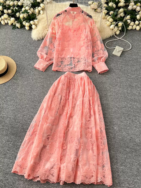 Embroidered Mesh Shirt & Skirt 2Pcs