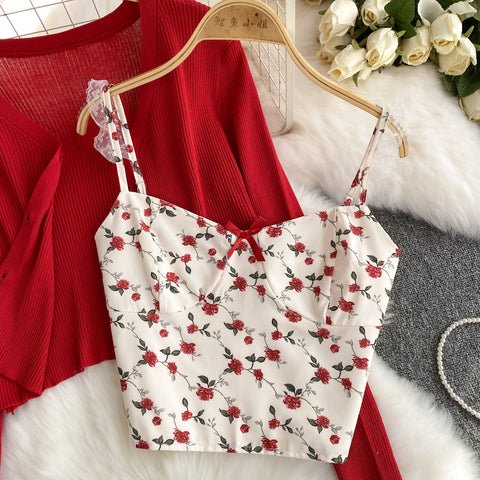 Cardigan&Floral Camisole&Skirt 3Pcs