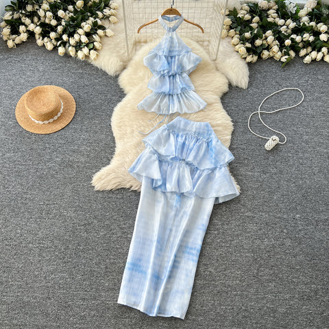 Tie-dye Blue Halter Top & Skirt 2Pcs