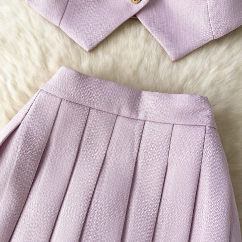 Single-breasted Vest&Pleated Skirt 2Pcs