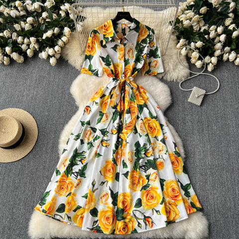 Floral Printed Lace-up Shirt Dress