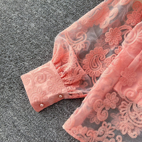 Embroidered Mesh Shirt & Skirt 2Pcs