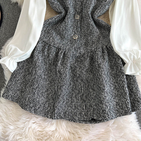 Sequined Tweed Dress&Bottoming Shirt 2Pcs