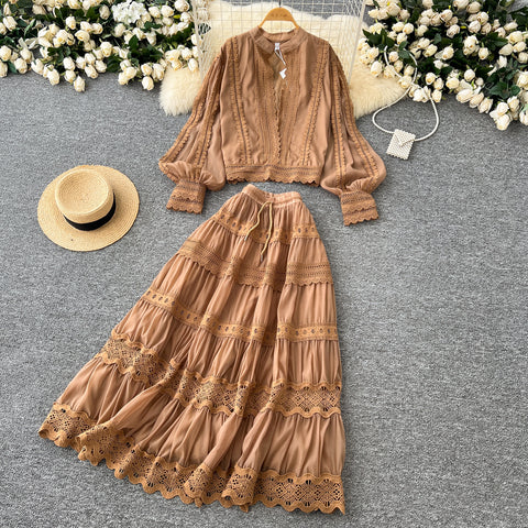V-neck Shirt&Skirt Lace Patchwork 2Pcs