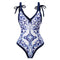 Blue-and-white Floral One-piece Swimsuit