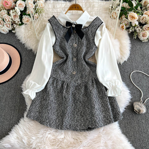 Sequined Tweed Dress&Bottoming Shirt 2Pcs