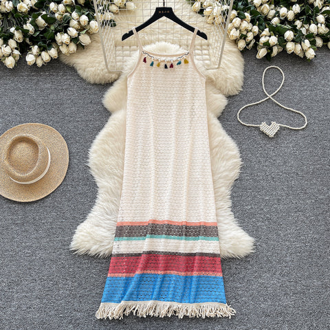 Bohemian Style Hollowed Fringed Slip Dress