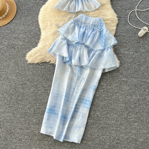 Tie-dye Blue Halter Top & Skirt 2Pcs