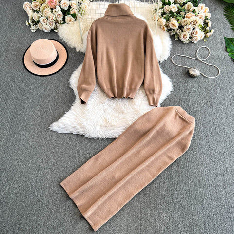 Turtleneck Sweater&Split Skirt 2Pcs