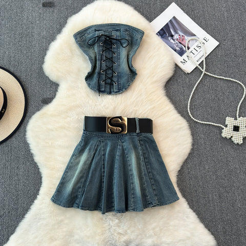 Lace-up Top&Pleated Skirt Denim 2Pcs