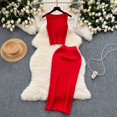 Camisole&Skirt Plaid Knitted 2Pcs