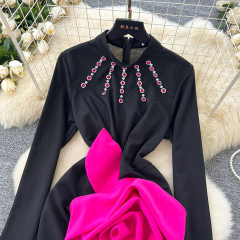 3D Rose Rhinestone Studded Black Dress