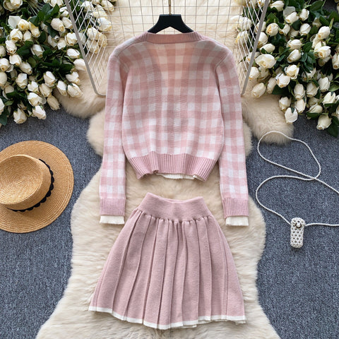 Lace-trim Cardigan&Skirt Plaid 2Pcs