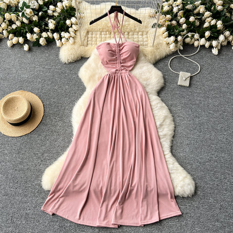 Hollowed Pleated Draped Halter Dress