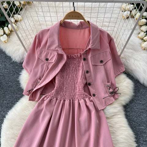 Short Shirt&Pleated Slip Dress 2Pcs