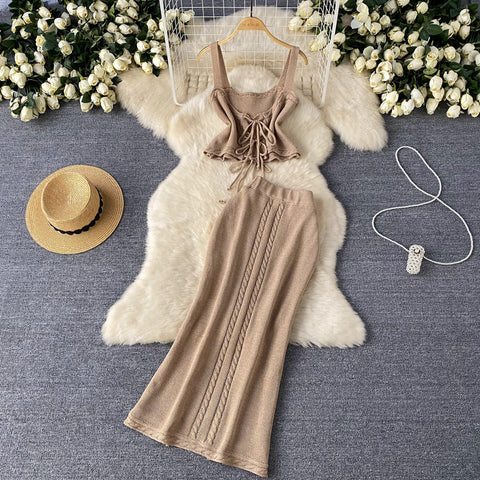 Hollowed Camisole&Fishtail Skirt Knitted 2Pcs