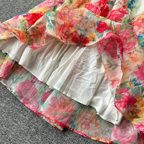 Single-breasted Top&Half-body Skirt Floral 2Pcs