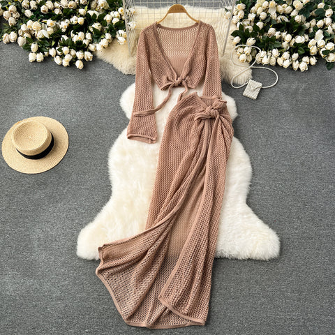 V-neck Knitwear&Skirt Hollowed 2Pcs