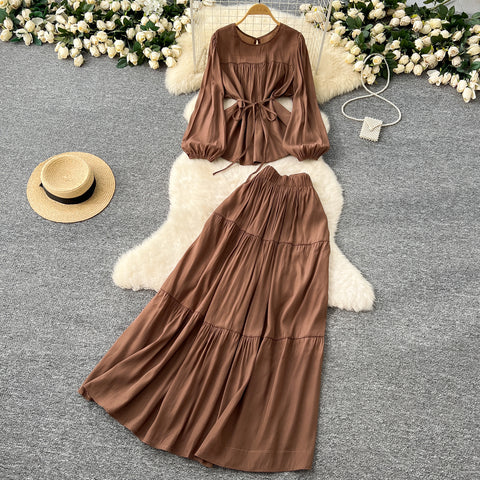 Lace-up Top & Draped Skirt 2Pcs