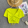 V-neck Solid Color Drawstring Top