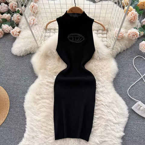 Hollowed Semi-turtleneck Slim Knitted Dress