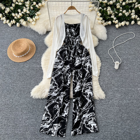 White Cardigan&Floral Jumpsuit 2Pcs