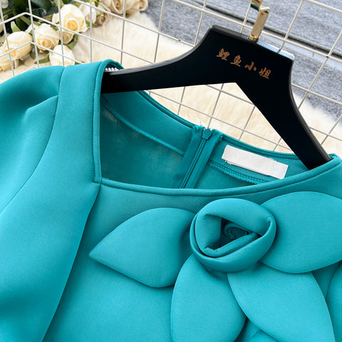 Slant Neckline Puffy Sleeve Dress