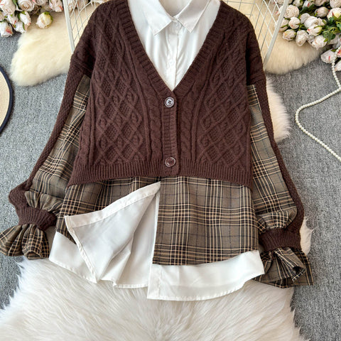 Plaid Patchwork Cardigan&White Shirt 2Pcs