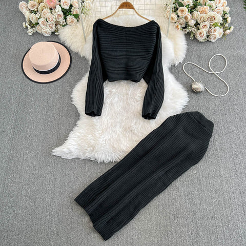 Striped Sweater&Slim Skirt 2Pcs