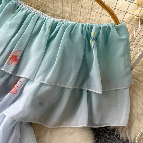 Off-shoulder Ruffled Floral Chiffon Dress