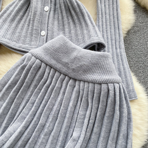Waist-slimming Cardigan&Pleated Skirt 2Pcs