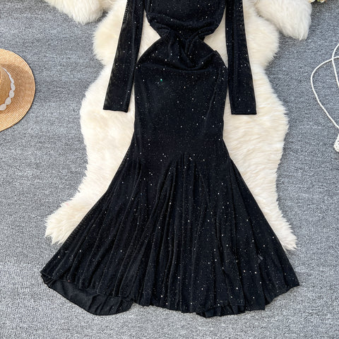 Delicate Sequined Black Fishtail Dress
