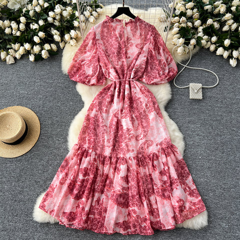 French Style Puffy Sleeve Ruffled Dress