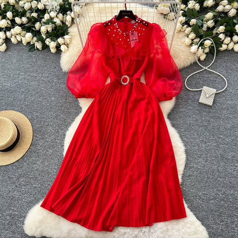 Rhinestone Studded Ruffled Mesh Dress