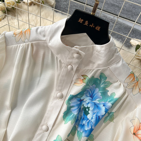 Courtly Lace-up Floral Shirt Dress