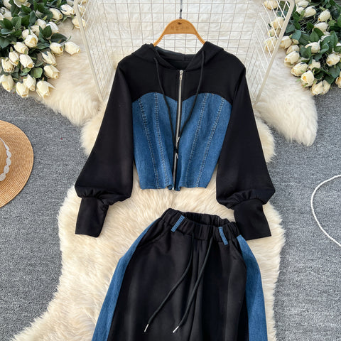 Denim Patchwork Cardigan & Trousers 2Pcs