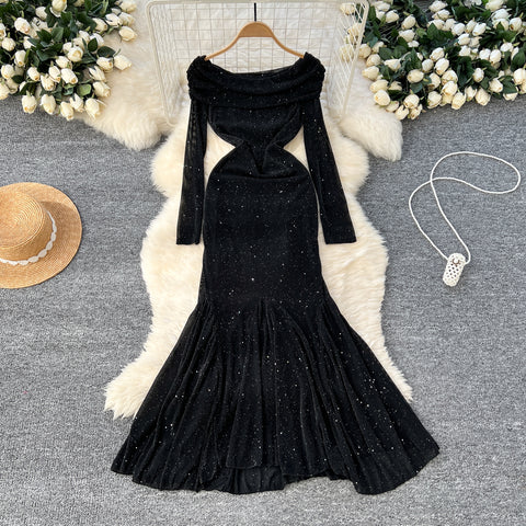 Delicate Sequined Black Fishtail Dress