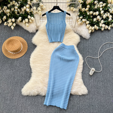 Camisole&Skirt Plaid Knitted 2Pcs