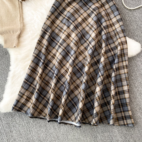 Zipped Cardigan&Plaid Skirt 2Pcs