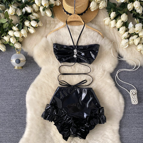 Halter Top&Ruffled Shorts PU 2Pcs