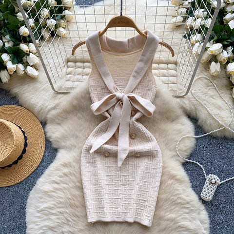 Niche Bow V-neck Knitted Dress