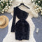 Slant Neckline Sequined Suede Dress