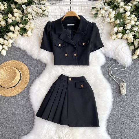 V-neck Blazer&Pleated Skirt 2Pcs
