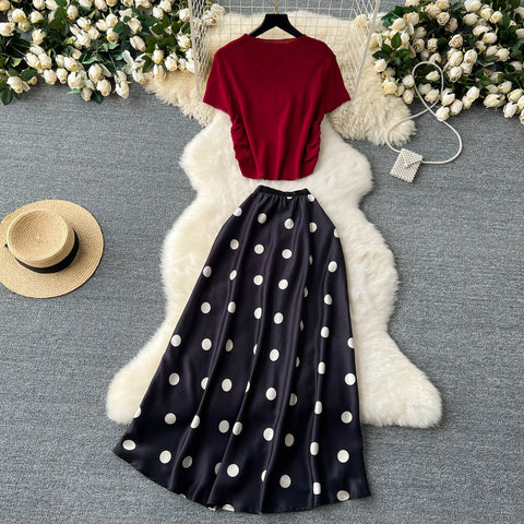 Red Sweater&Polka Dot Skirt 2Pcs