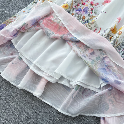 Flared-sleeve Shirt & Skirt Floral 2Pcs